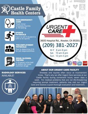 Urgent Care open 7 days a week for non-life threatening care.