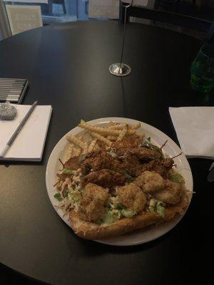 Fried chicken and Fried Shrimp Po'Boy with lemon pepper fries