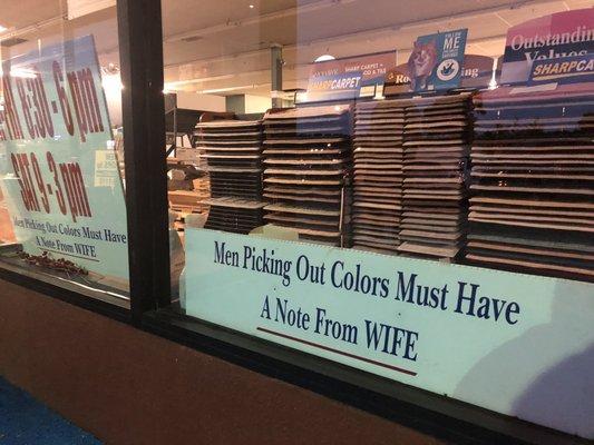 Sexist humor awaits shoppers at the door.