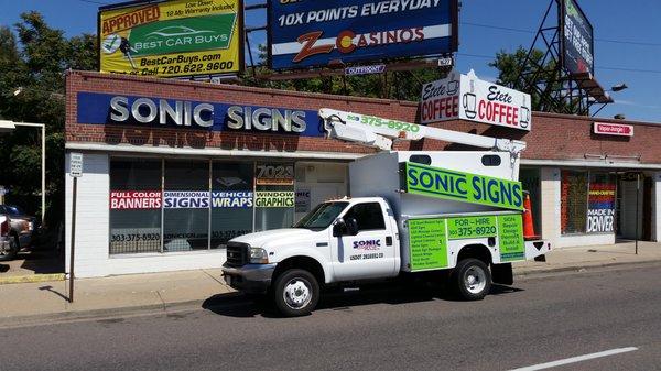 Our shop and new Bucket truck equipped to take your brand higher!