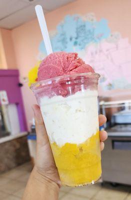 Gunther's 50/50 Freeze:  Raspberry, Coconut Pineapple ice cream, Mango freeze