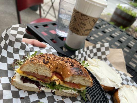 Eggle Bagel and tea. Gotta respect the schmear