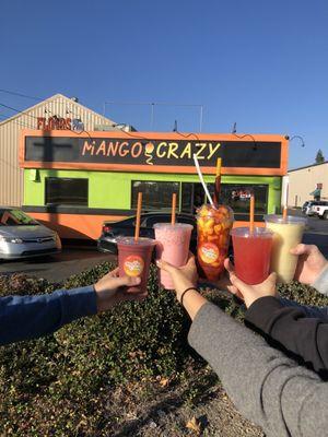 Left to right: 16oz Very Berry 16oz Strawberries & Cream 24oz Mangonada Watermelon & strawberries 16oz Pina Colada