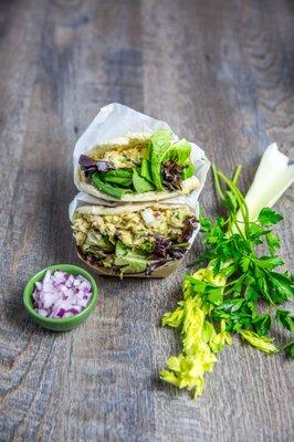 Arepas filled with seasoned artichokes,  chickpeas & spinach