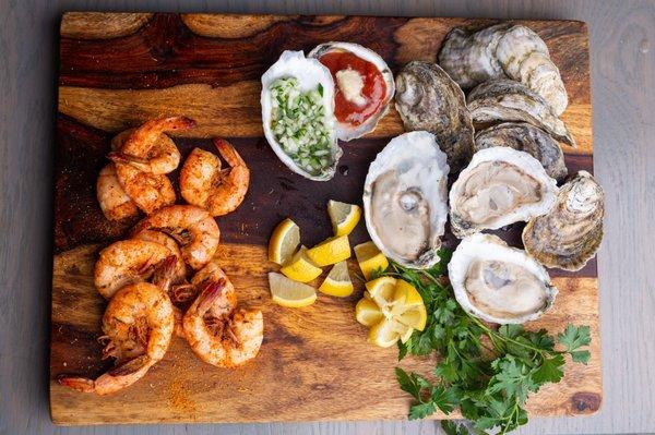 Local Steamed Spiced Shrimp & Blackberry Oysters on the Half Shell