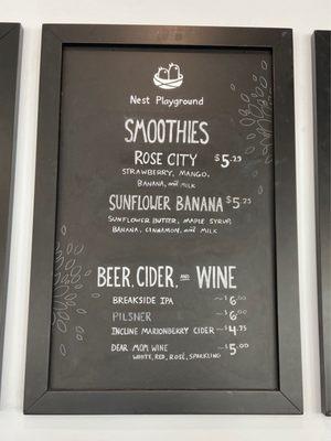 Smoothies, beer, cider & wine menu