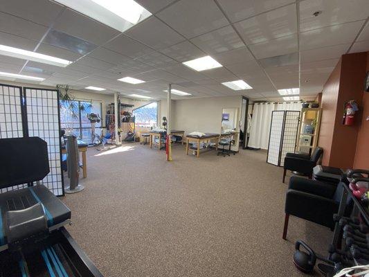 This is our main room. Currently, only two patients max at a time in here with all precautions taken (cleaning, 6 ft apart, masks, etc.)