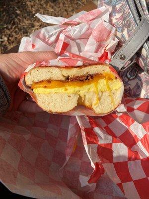 Bacon egg and cheese bagel. I ate the other half.