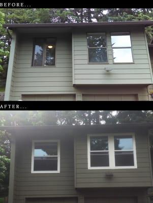 Add a more modern look by combining multiple windows in the same trim. This also creates the illusion of larger windows.