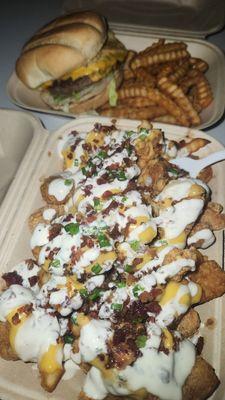 Chicken and Ranch Loaded fries and a cheese burger