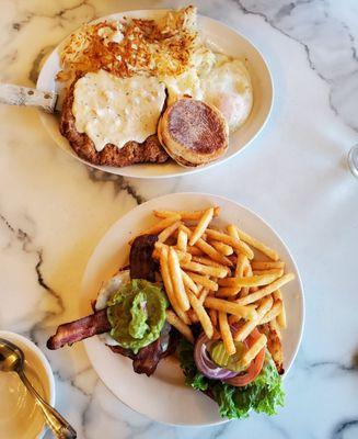 Country fried steak and eggs and  Guacamole, Swiss and Bacon Burger w french fries.