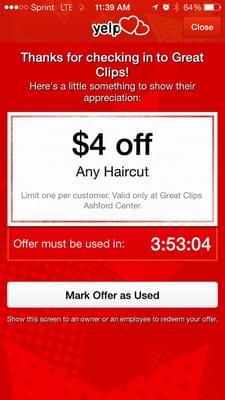 My coupon from Yelp wasn't honored by Great Clips. Boo!