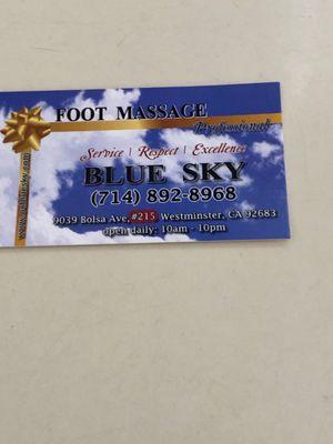 Business Card with Information to Call or go to Blue Sky Foot Massage, ask for Ada ( Outstanding Experience)