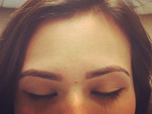 These brows started completely grown out! Here is an after picture of beautifully shaped brows by Kasse!