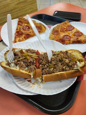 Steak and cheese w/ O&P 2 slices pizza