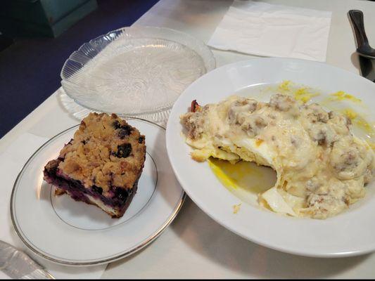 Blueberry buckle and biscuits and gravy