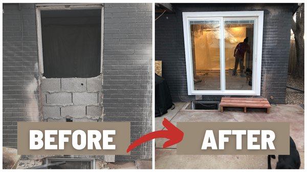 Before and after demolition and sliding door installation in Denver.