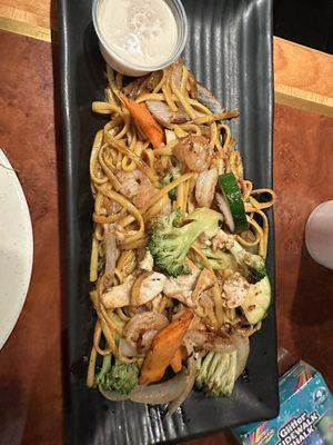 Hibachi plate with fresh garlic and terriyaki. Soooo many veggies and meats to choose from!