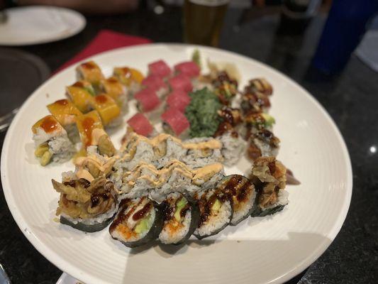 Spider Roll, grouper, red dragon, caterpillar, and Ebi Mango Roll