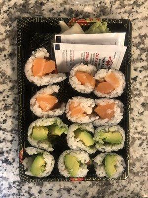 Salmon roll and avocado roll.