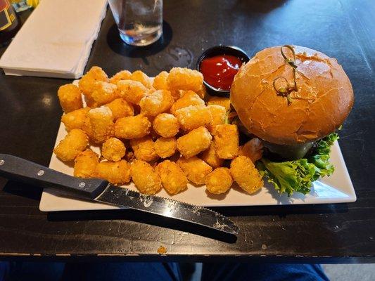 Spicy Burger with tots. Perfection!