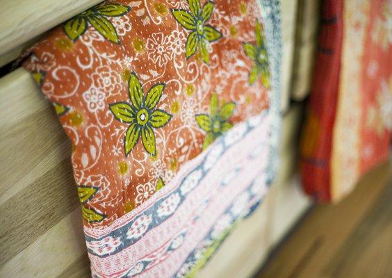 Vintage Indian Kantha Blanket. Each is one of a kind, double sided, machine washing, colorful, warm and beautiful.