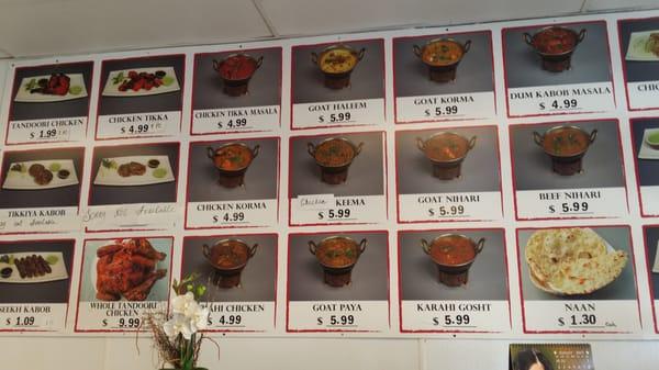 Menu of items available with pictures