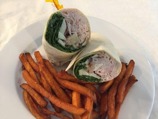 Our Autumn Turkey wrap with fresh spinach and sweet potato fries