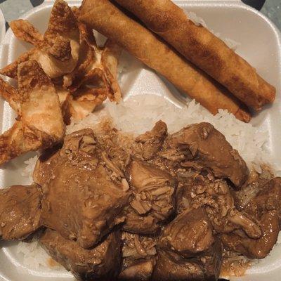 Filipino combo - pork adobo, rice, lumpia and a side of crab Rangoon.