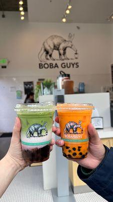 Strawberry matcha + Thai tea boba