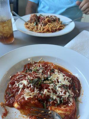 Spaghetti & meatballs. Cheese ravioli.