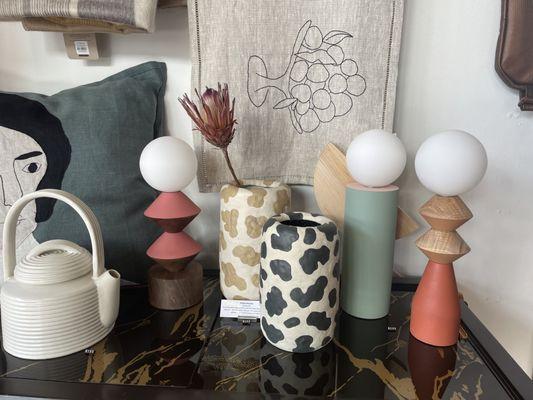 Handmade lamps by local Portland maker, handmade  ceramics vases and teapot.