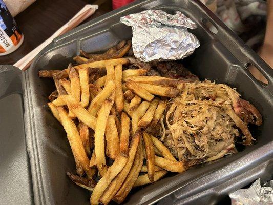 Pulled pork, brisket and French fries