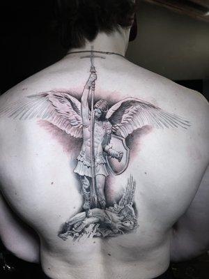 St. Michael tattoo. Book with us at booking@hollywoodstarstattoo.net