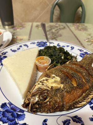 fried fish with ugali and collard greens