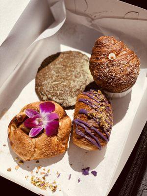 Matcha Sugar Cookie, Thai Tea Cruffin, Bananas Foster Galette, Ube Brioche loaf with pistachios