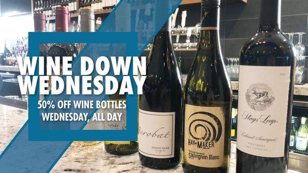 50% off Wine Bottles Every Wednesday! Enjoy on the patio, on the lanes, at the bar or in our restaurant.