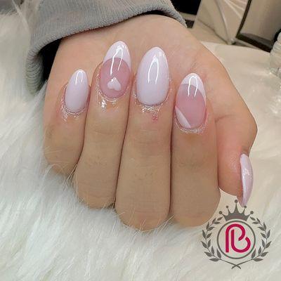 Sweet heart almond acrylic new set . Done by Linda