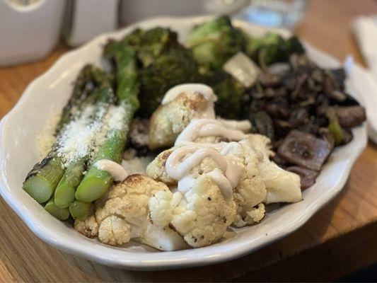 Market Plate:  mushrooms, cauliflower, asparagus, Brussels sprouts