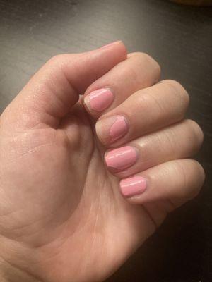 One day after getting nails done, chipping from top coat being used as base.