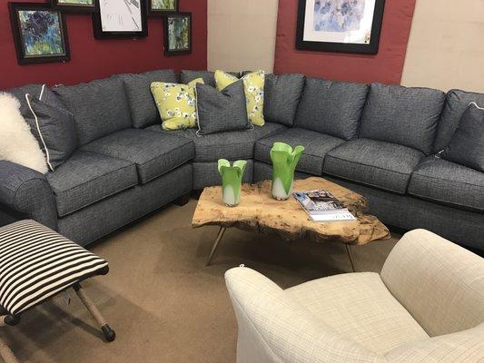 DREXEL Curved Sectional in a denim-look fabric. Approx 9ft x 11ft.