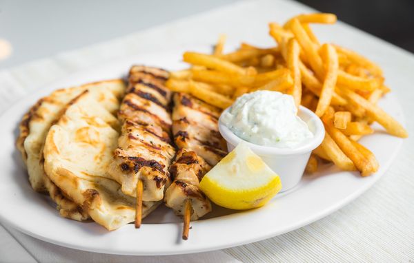 Chicken Souvlaki Sticks with Regular Pita and Tzatziki