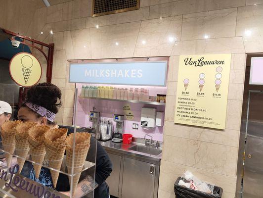 Milkshake Machine with cups.  Sizing of scoops and cost chart.