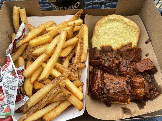 Burnt Ends Sandwich ($13) and Fries ($8) 7/20/21