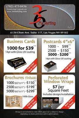 printing business cards, flyers, brochures, postcards, window perfs.