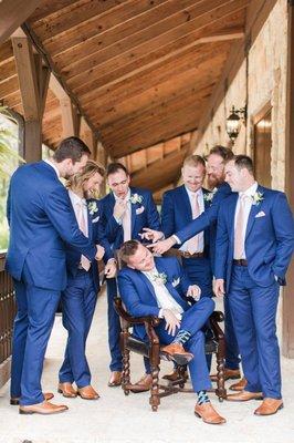 Joel Matthews and his groomsmen, all wearing ready-made suits custom tailored to fit, socks, shoes, ties and pocket squares. August 2017