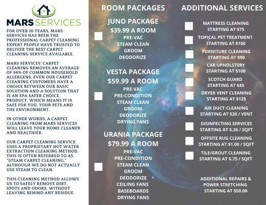 Mars Services now offers customizable carpet cleaning packages by room starting at $39.99 per room plus we offer a ton of other services.