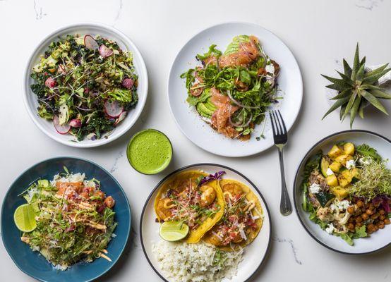 Super Salad, Smoked Salmon Toast, Poke Bowl, Shrimp Tacos,  Grain Bowl lunch salad healthy dinner