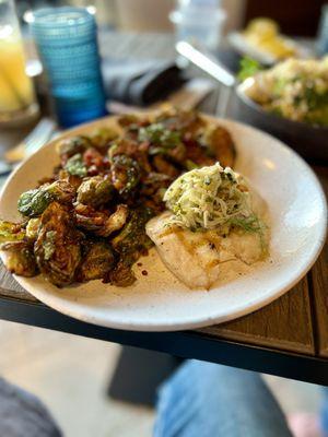 FLORIDA GROUPER W/ BRUSSEL SPROUTS
 (COCONUT ROOT VEGETABLE MASH, BLISTERED TOMATO AND FENNEL SAUCE VIERGE, MALANGA CHIPS)