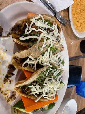 Street tacos: 2 Carne Asada, 1 al pastor